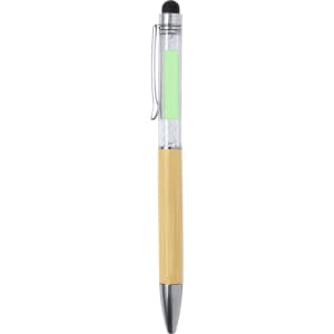 A bamboo stylus touch ball pen with a clear body and green accent, featuring a silver clip and tip.
