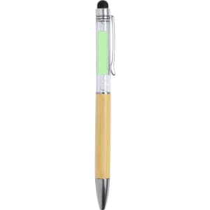 A stylus touch ball pen with a bamboo grip, clear barrel, and silver accents. It features a black stylus tip.