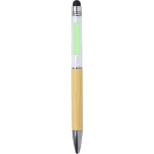 A bamboo and chrome stylus touch ball pen with a transparent barrel and a green accent. It features a logo.
