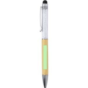 A bamboo stylus touch ball pen with a clear barrel and green accent, featuring a metal tip and clip.