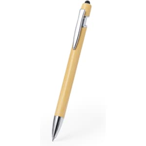 A bamboo stylus touch ball pen with a chrome clip and tip, featuring a sleek design and a small branding logo.