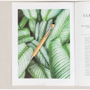 A Clixo Stylus Touch Ball Pen rests on green leafy pages of a magazine, featuring a wooden barrel and metal accents.
