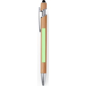 A bamboo stylus touch ball pen with a silver clip and a green accent on the barrel. Features a branding logo.
