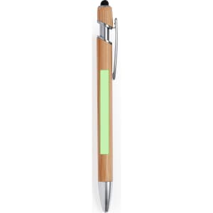 A bamboo ballpoint pen with a green accent and silver details, featuring a stylus tip and a clip.