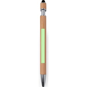 A bamboo stylus touch ball pen with a green accent and a silver tip, featuring a logo.