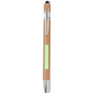 A bamboo stylus touch ball pen in natural wood tone, featuring a sleek silver clip and accent.