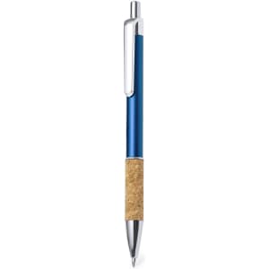 A metal pen with a blue shaft and a cork grip, featuring a silver clip and nib.