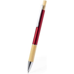 A metal pen with a red barrel and a bamboo detailing, featuring a silver clip and a chrome tip. It also has a logo.