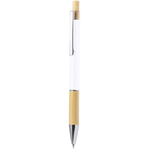 A metal pen with a bamboo barrel and a transparent body, featuring a shiny silver clip.
