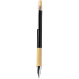 A metal pen featuring a black body and a bamboo lower section, with a shiny clip and tip. It has a logo.