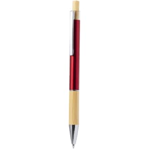 A metal pen with a red barrel and bamboo accents, featuring a chrome clip and tip. It has a logo on the barrel.
