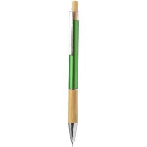 A green metal pen with a bamboo barrel and a silver clip. It features a simple, elegant design.