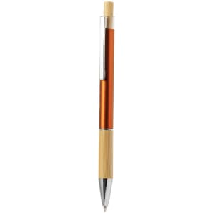 A metal pen with an orange barrel and a bamboo grip, featuring a silver clip and tip. It has a branding logo.