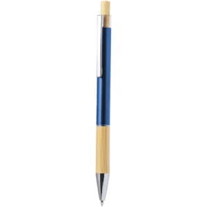 A metal pen with a blue barrel and a bamboo grip, featuring a chromed clip. It has a logo on the side.
