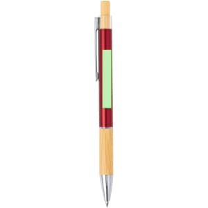 A metal pen featuring a red barrel, a bamboo grip, and a silver clip, with a logo present.