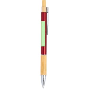 A metal pen with a red barrel and bamboo accents, featuring a clip and a branding area.
