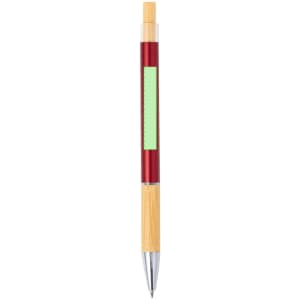 A metal pen featuring a red barrel and a bamboo accent, with a clear section and a logo.