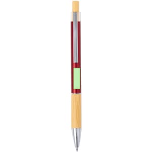 A metal pen with a red barrel, bamboo accents, and a green sticky note area. It features a logo.