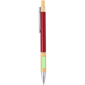 A metal pen with a red barrel, silver accents, and a bamboo grip, featuring a logo on the side.
