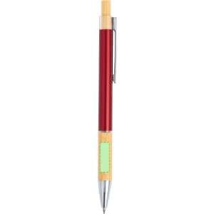 A metal pen with a red body, bamboo grip, and a silver clip. It features a small green section for branding.