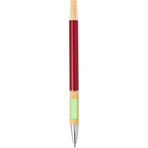 A red metal pen with a wooden accent and a clear body section, featuring a branding logo.