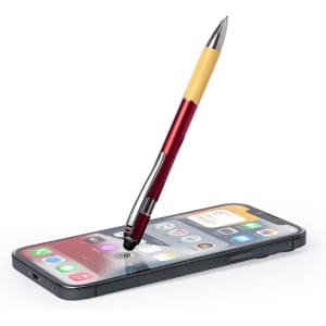 A red and yellow stylus touch ball pen resting on a smartphone, showcasing its dual functionality in writing and touch navigation.