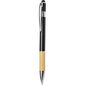 A black and bamboo stylus touch ball pen with a silver clip and a logo.