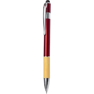 A red and bamboo stylus touch ball pen with a chrome clip, featuring a branding logo on the barrel.