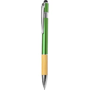 A green and bamboo ballpoint pen with a stylus tip, featuring a shiny chrome clip and accents.