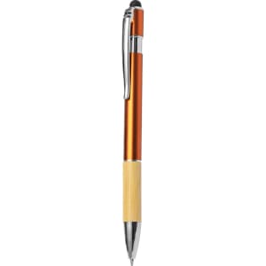 A stylus touch ball pen featuring an orange barrel and bamboo lower section, with a chrome clip and tip.