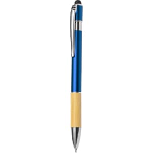 A blue metal ball pen featuring a bamboo grip and a stylus tip. It includes a logo on the barrel.