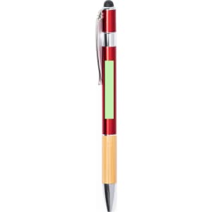 A red and bamboo stylus touch ball pen with a clip and a placeholder area for branding.