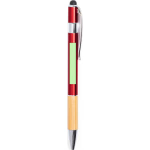 A red and bamboo Berget Stylus Touch Ball Pen with a silver clip and a green panel. Features a stylus tip.