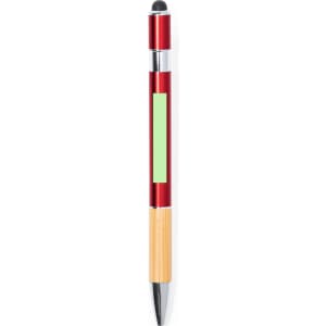 A stylus touch ball pen featuring a red barrel, bamboo grip, and a black stylus tip, with a space for branding.