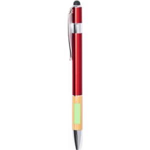 A red stylus touch ball pen with a silver clip and a wooden accent. It features a branding area.
