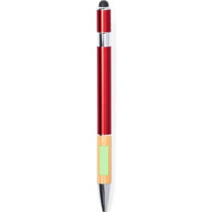 A red and silver stylus touch ball pen with a wooden-like section and a logo.