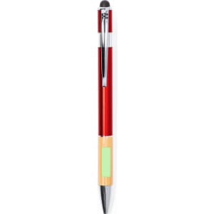 A red stylus touch ball pen with a chrome clip and a bamboo section, featuring a logo on its body.