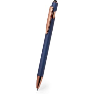 A navy blue stylus touch ball pen with rose gold accents and a sleek design. Features a logo on the barrel.
