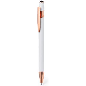 A white ballpoint pen with a stylus tip and rose gold accents. The pen also features a branding logo.