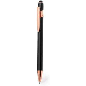 A black stylus touch ball pen with rose gold accents and a logo on the clip.