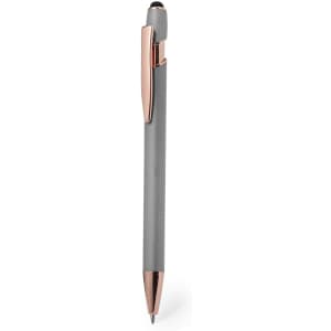 A grey stylus touch ball pen with rose gold accents and a sleek design. It features a branding logo.