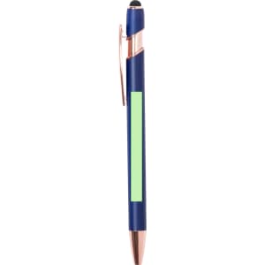 A blue and rose gold Lixor Stylus Touch Ball Pen with a green accent and a logo on its body.