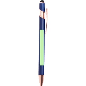 A blue ballpoint pen with a stylus tip and a rose gold clip. It features a green section on the body and has a logo.