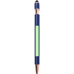 A blue stylus touch ball pen with a rose gold tip and a green section for branding.