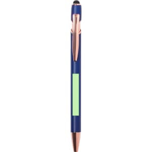 A navy blue stylus touch ballpoint pen with a rose gold clip and a green section for branding or personalisation.