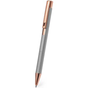 A metal pen with a grey barrel and rose gold accents. The pen has a textured grip and a logo on the body.