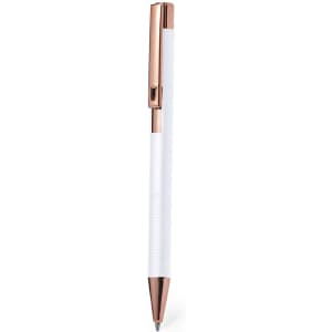 A metal pen with a sleek white body and rose gold accents. The pen features a smooth grip and a clip.