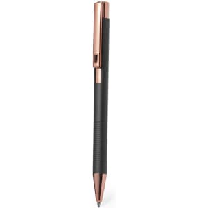 A sleek black metal pen with rose gold accents and a textured grip, featuring a clip and branding.
