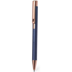 A metal pen in navy blue with a rose gold clip and accent detailing. Features a logo on the body.