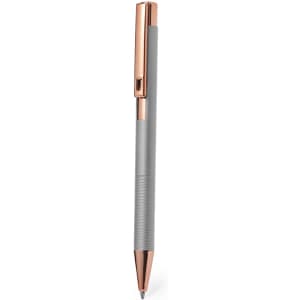 A metal pen with a grey body and rose gold accents, featuring a textured grip and a clip at the top.